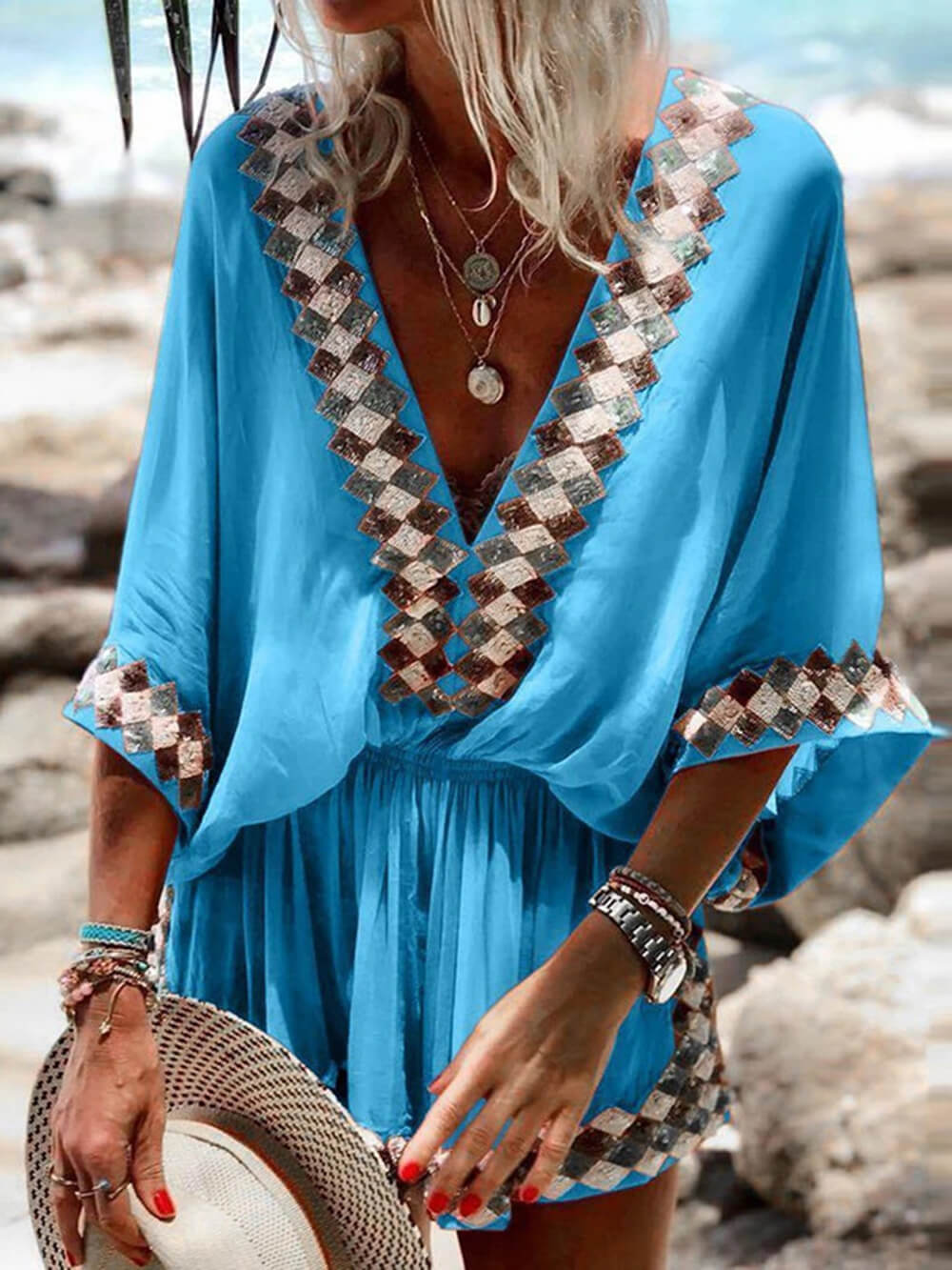 Bohemsk strandtryck kimono-romper