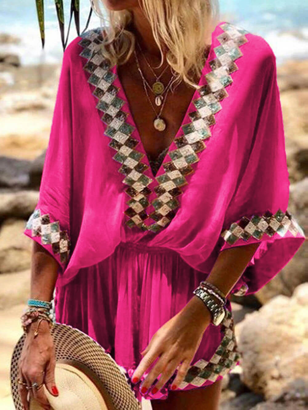 Bohemsk strandtryck kimono-romper