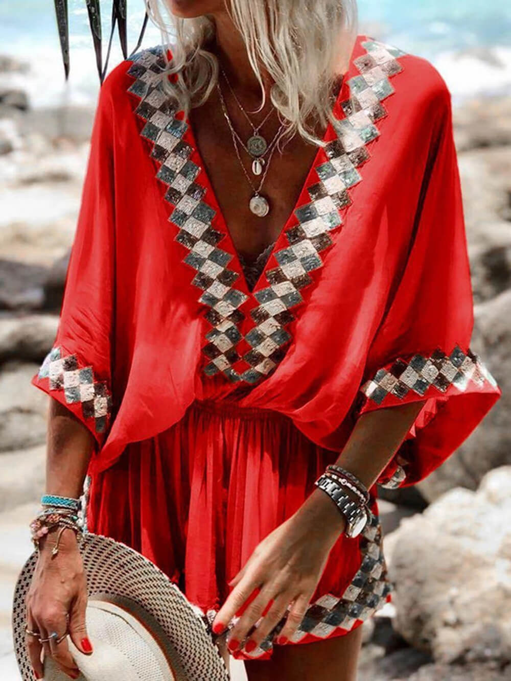 Bohemsk strandtryck kimono-romper